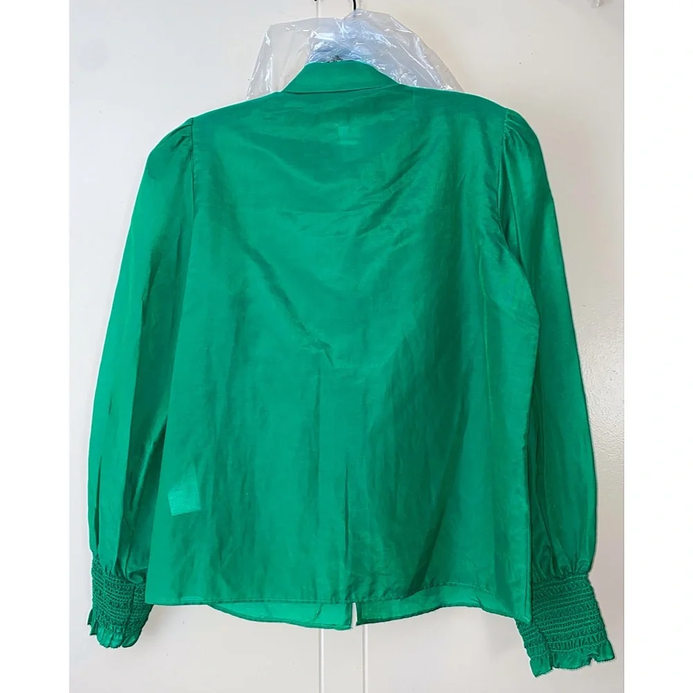 Alice + Olivia Joey Emerald Green Button Front Silk Blend Smocked Blouse - Picture 8 of 15